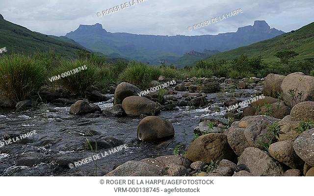 The Tugela River at Royal Natal National Park with The Amphitheatre in the background. Ukhahlamba Drakensberg Park. KwaZulu Natal. South Africa