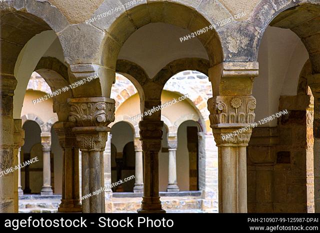 07 September 2021, Saxony-Anhalt, Magdeburg: Columns of the cloister in the former monastery of Our Lady, which today houses the art museum of the same name