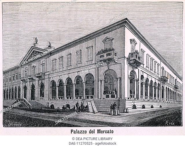 Market Building in Novara, 1877, drawing by Riva, engraving by Columbus from Monographs of Novara, Italy, 19th Century. Engraving