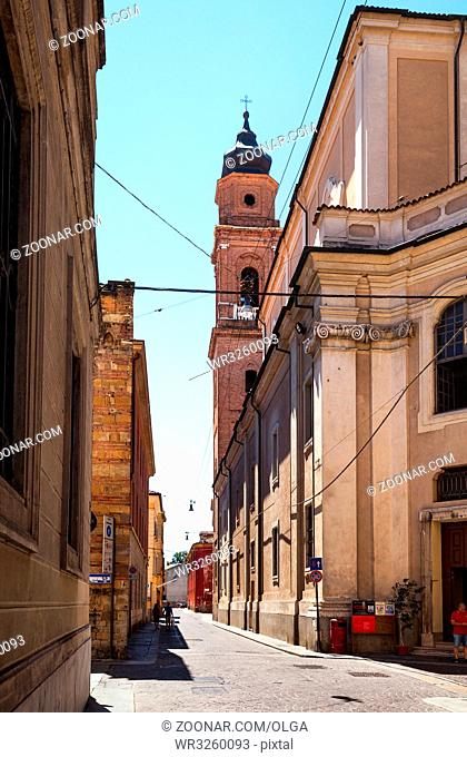Parma, Italy - July 17, 2016: The bell tower on the street Giordano Cavestro. Italy
