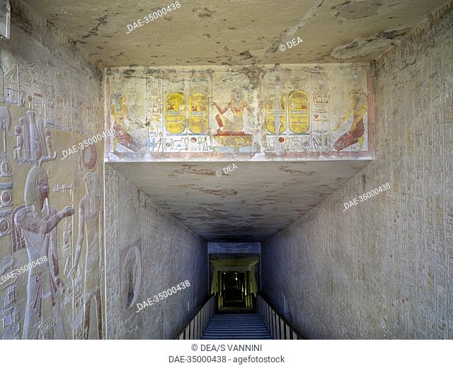 Egypt, Thebes (UNESCO World Heritage List, 1979) - Luxor. Valley of the Kings. Tomb of Merneptah. Architrave at head of corridor. Mural paintings