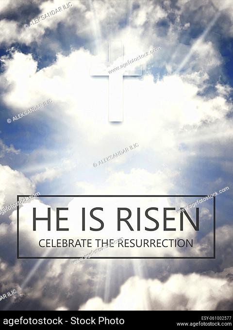 He is risen. Jesus Christ. Text over the sky with sun rays and fluffy clouds background. Easter banner illustration