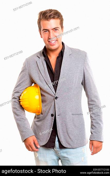 Handsome young engineer posing isolated over white background