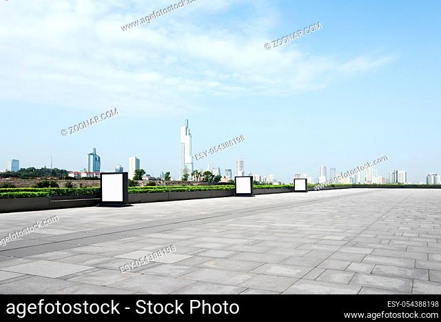 cityscape of nanjing from empty brick floor