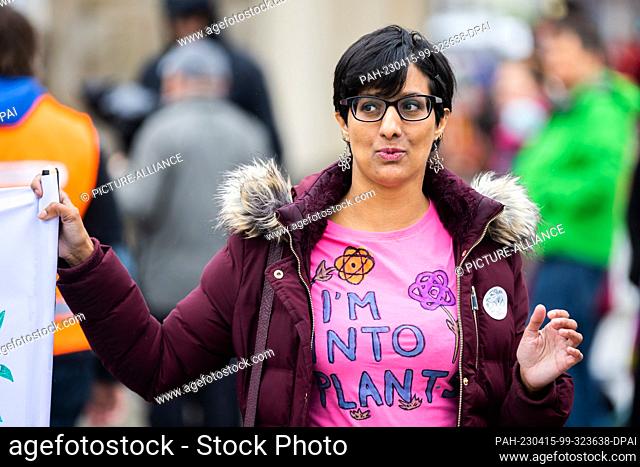 15 April 2023, Berlin: Zion Lights, author and activist, takes part in a protest against the shutdown of the last three German nuclear power plants organized by...