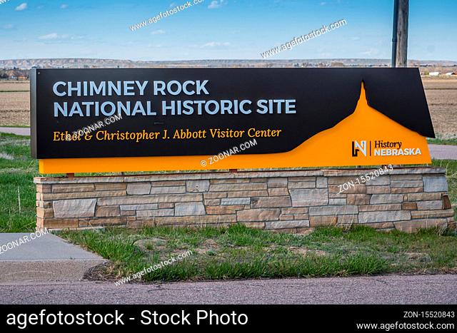 Chimney Rock, NE, USA - May 4, 2019: A welcoming signboard at the entry point of preserve park