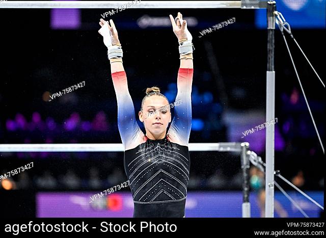 Dutch Sanna Veerman pictured at the uneven bars during the women's qualifications on the second day of the Artistic Gymnastics World Championships, in Antwerp