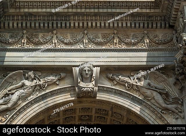 Sculptural reliefs above arch of the Arco della Pace/Porta Sempione (Arch of Peace). Piazza Sempione, Milan, Metropolitan City of Milan, Lombardy, Italy, Europe