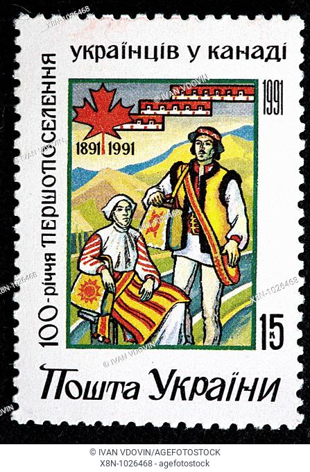 100 years of settling Ukranians in Canada, postage stamp, Ukraine, 1991