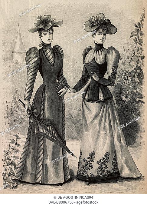 Fall collection: women wearing a faille-pekin dress and a bengaline-velours dress, creations by Madame Gradoz, engraving from La Mode Illustree, n 48