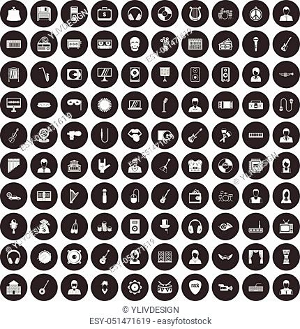 100 music icons set in simple style white on black circle color isolated on white background vector illustration