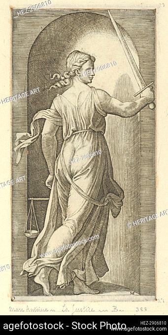Justice personified by a young woman holding a sword in her raised right hand, scal.., ca. 1515-25. Creator: Marcantonio Raimondi