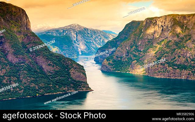Tourism vacation and travel. Fantastic view of the Aurlandsfjord landscape from Stegastein viewpoint, Norway Scandinavia