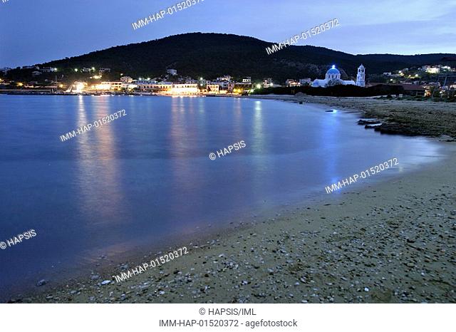 View of Skala from a beach, evening, Agistri, Saronic Gulf, Greece