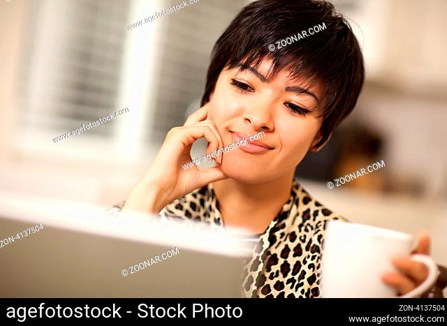 Pretty Smiling Mixed Race Young Woman Using Laptop Computer