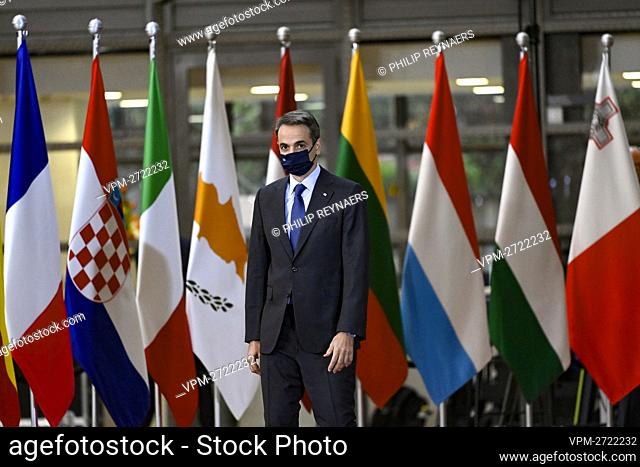 Greece Prime Minister Kyriakos Mitsotakis pictured as he arrives on the first day of an EU summit meeting, Monday 24 May 2021