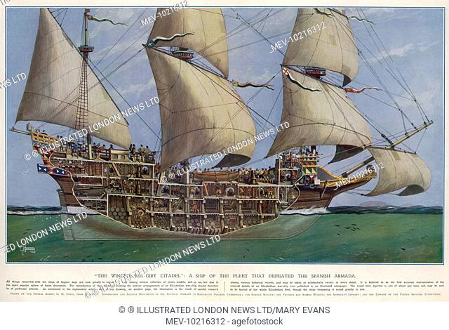 Illustration of an Elizabeth warship, circa 1588, from the Illustrated London News, 2nd March 1929. This image depicts a typical warship of 500 tons