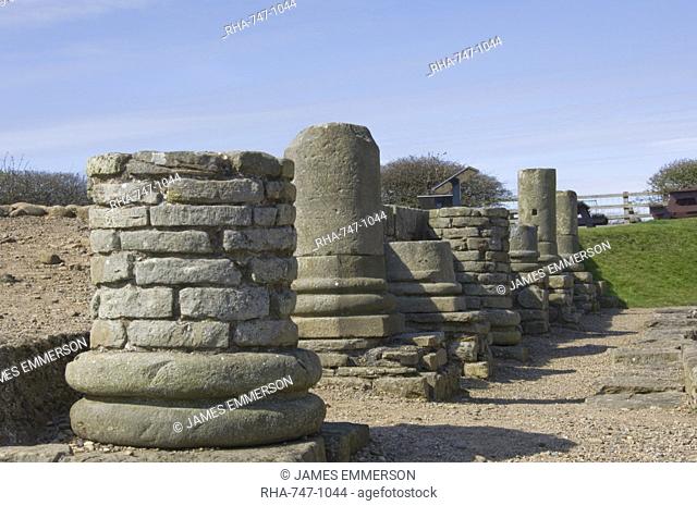 Column bases at the entrance to the granary, the Roman town at Corbridge, Hadrians Wall area, UNESCO World Heritage Site, Northumbria, England, United Kingdom