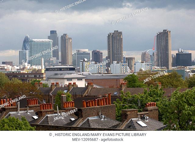General view looking south towards the City of London from an upper floor in the hotel at number 60 Pentonville Road