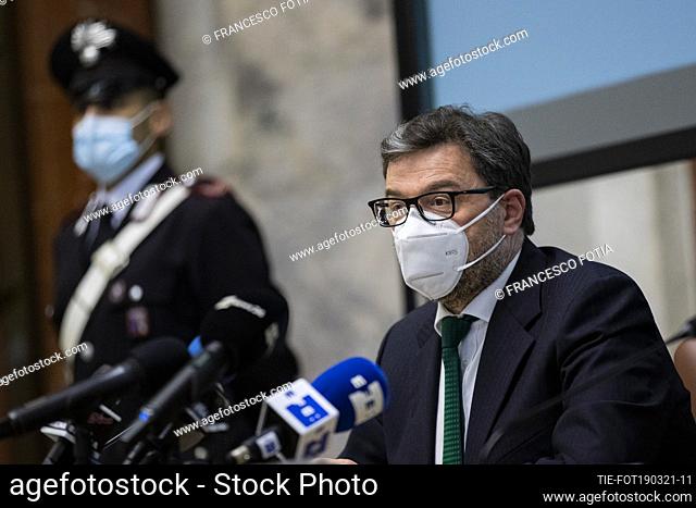 Italian Minister of Economic Development Giancarlo Giorgetti during a press conference after his meeting with French Minister of Economy Bruno Le Maire , Rome
