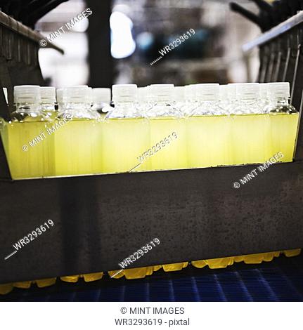 Close up of juice in plastic bottles on production line