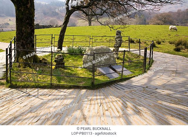 North Wales, Gwynedd, Beddgelert, A view to Gelert's Grave. In this field is where legend says 13th century Prince Llywelyn buried his dog giving name to the...