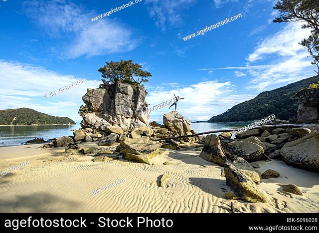 Young man standing with outstretched arms on a rock, overgrown rock on the beach of Stillwell Bay, Abel Tasman National Park, Tasman, South Island, New Zealand