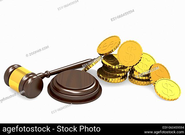 Wooden judge gavel and stack of gold coins, 3d rendering