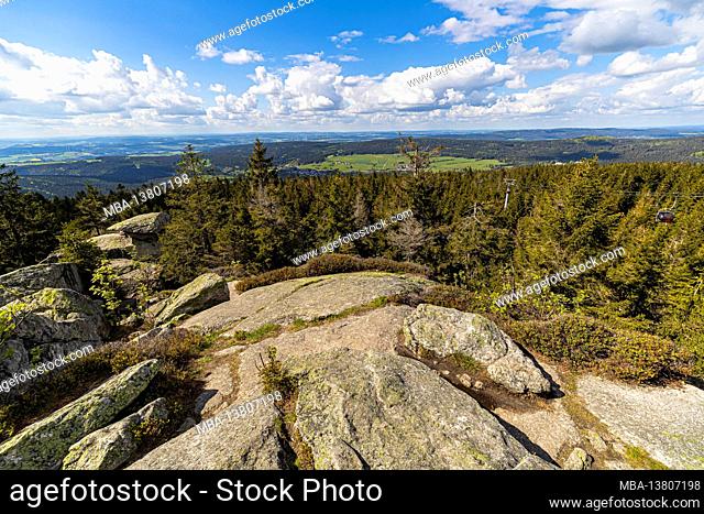 View from Ochsenkopf in the Fichtelgebirge to the woods, Upper Franconia, Bavaria, Germany