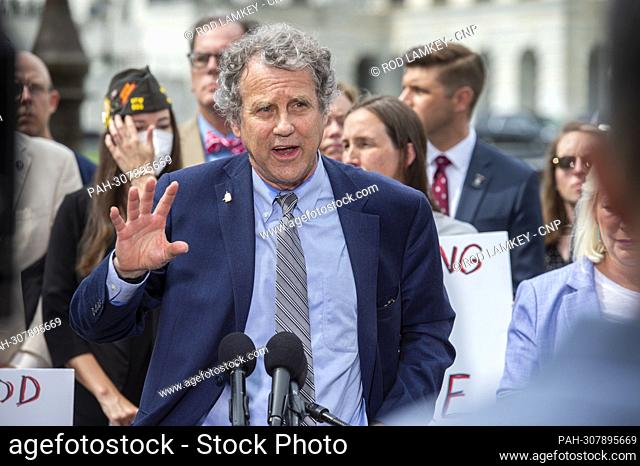 United States Senator Sherrod Brown (Democrat of Ohio) offers remarks during a press conference a day after a Senate procedural vote to advance legislation...