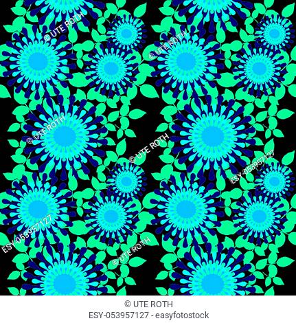 Abstract geometric seamless floral background. Regular round blossoms in light blue, turquoise and dark blue shades with light green leaves on black
