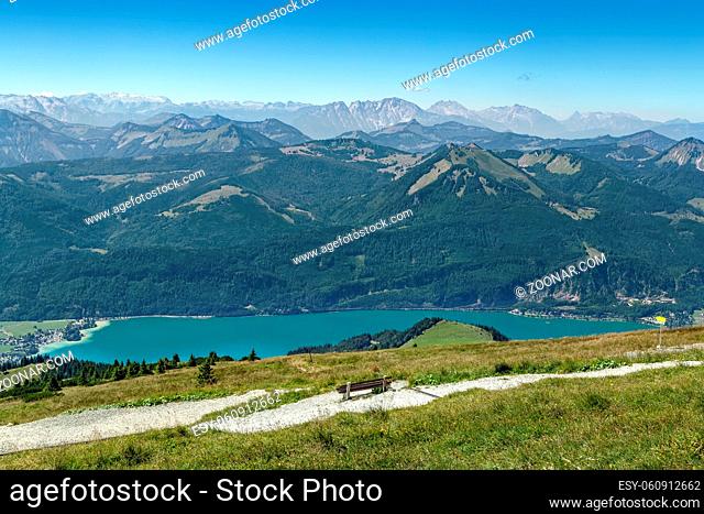 View of Alps mountain with Wolfgangsee lake from Schafberg mountain, Austria