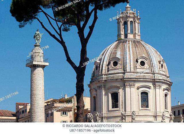 Italy, Lazio, Rome, Trajan's Column background Church of S S  Nome di Maria