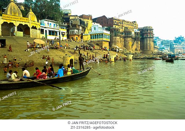 ghats and Ganga riverbank at Varanasi, india