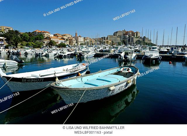 France, Corsica, Calvi, old town with harbor and citadel