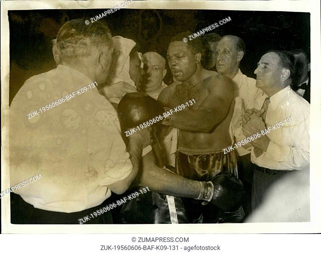 Jun. 06, 1956 - Archie Moore retails his light - heavy weight title. Beats Yolande Pompey in tenth round. Archie Moore the light heavy weight champion on the...