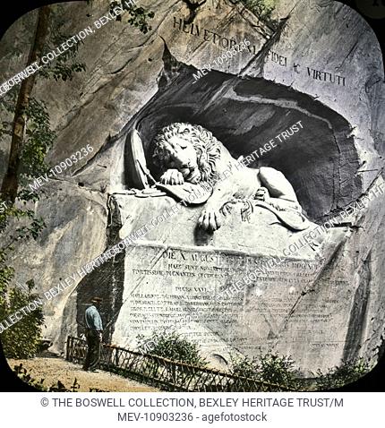 Coloured lantern slide of the Lion of Lucerne. Designed by Bertel Thorvaldsen and hewn in 1820–21 by Lukas Ahorn, the statue commemorates the Swiss Guards who...