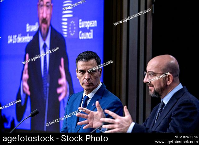 Prime Minister of Spain Pedro Sanchez and European Council President Charles Michel pictured during a press moment by the President of the European Council