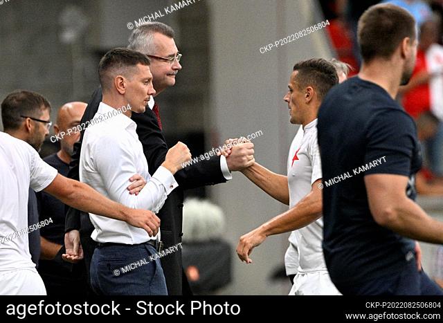 Chairman of the Board of SK Slavia Praha Jaroslav Tvrdik shake hands with Slavia captain Tomas Holes prior to the SK Slavia Praha vs Rakow Czestochowa
