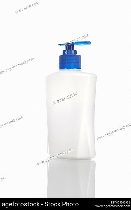 white container for liquid soap or shampoo with a blue cap-dropper isolated on white background