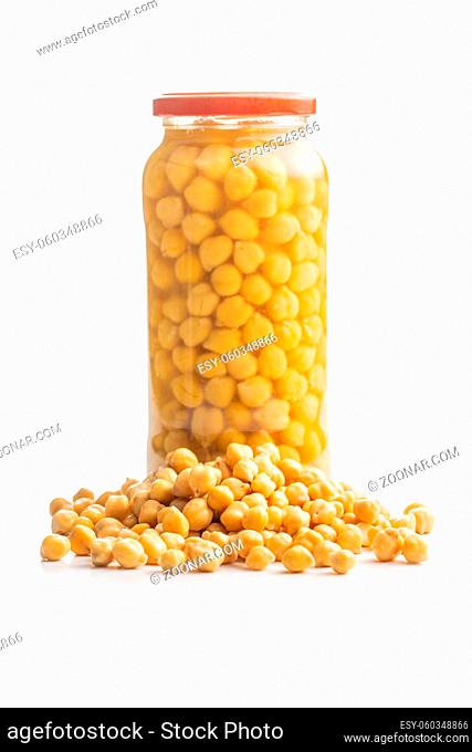Healthy canned chickpeas in jar isolated on white background
