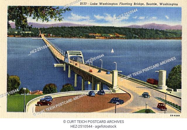 Lake Washington Floating Bridge, Seattle, Washington, USA, 1942. Vintage linen postcard showing a view of the bridge that carries traffic from Seattle to Mercer...