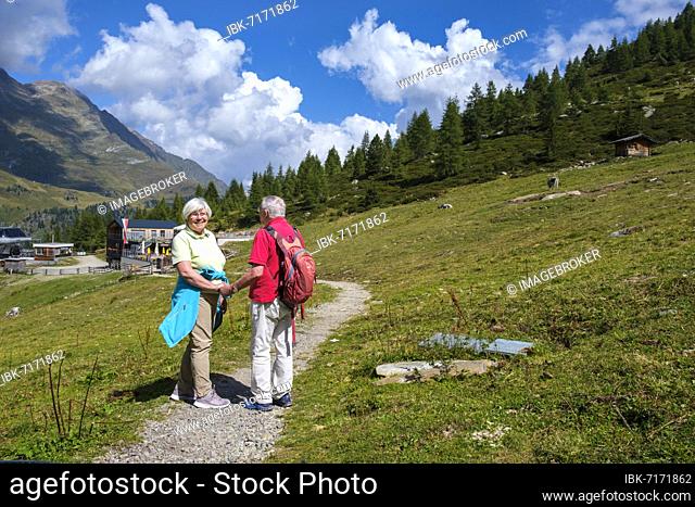 Hikers, senior citizens at the Grünbodenalm, Grünbodenhütte, Pfelders, Pfelderer Tal, Texel Group nature Park, South Tyrol, Italy, Europe