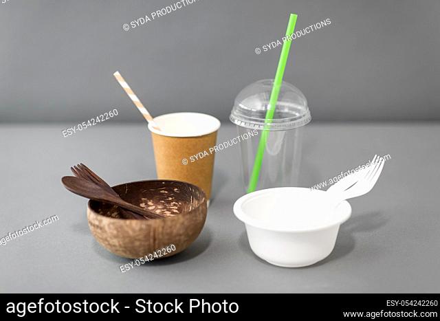 close up of eco friendly and plastic tableware