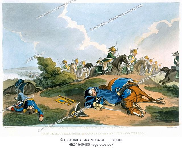 'Prince Blucher under his Horse at the Battle of Waterloo', 1815. The intervention of Field Marshal Blucher's Prussian army made a vital contribution to...