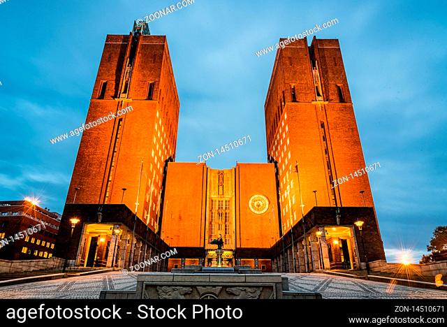 Oslo, Norway - August 11, 2019: View at night of Oslo City Hall. It houses the city council. It is the seat of the ceromony of Nobel Peace Prize every year