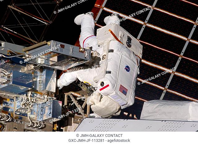 NASA astronaut Andrew Feustel, STS-134 mission specialist, participates in the mission's first session of extravehicular activity (EVA) as construction and...