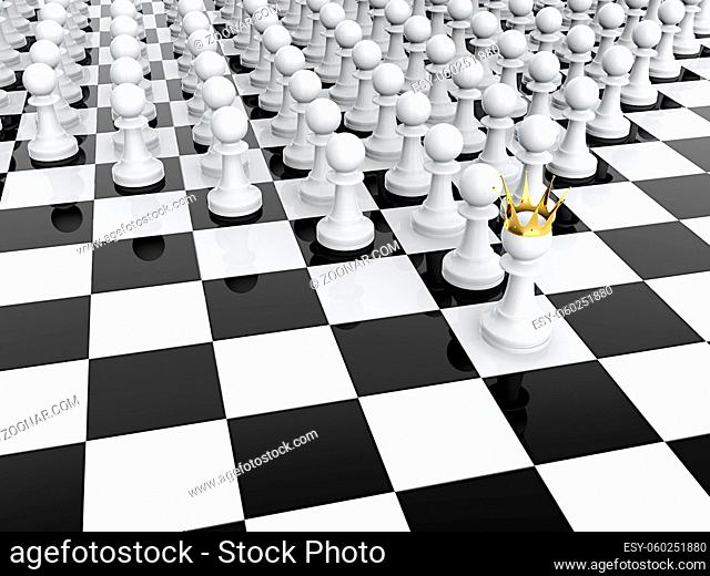 3D render of white pawn with golden crown leading it army