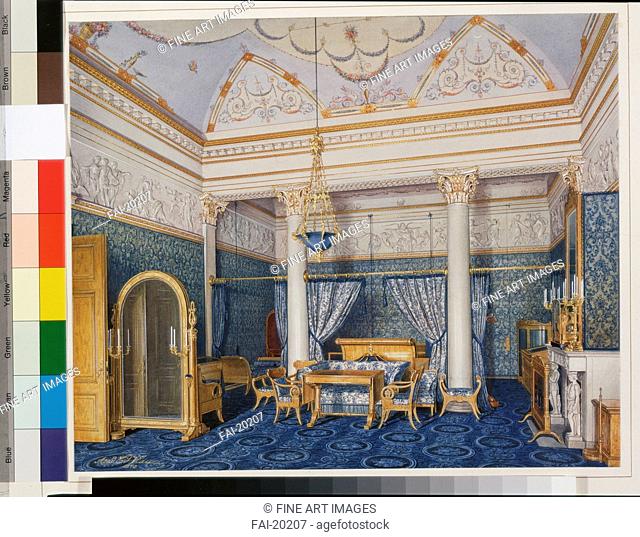 Interiors of the Winter Palace. The Bedchamber of Empress Alexandra Fyodorovna. Hau, Eduard (1807-1887). Watercolour on paper. Academic art. 1870