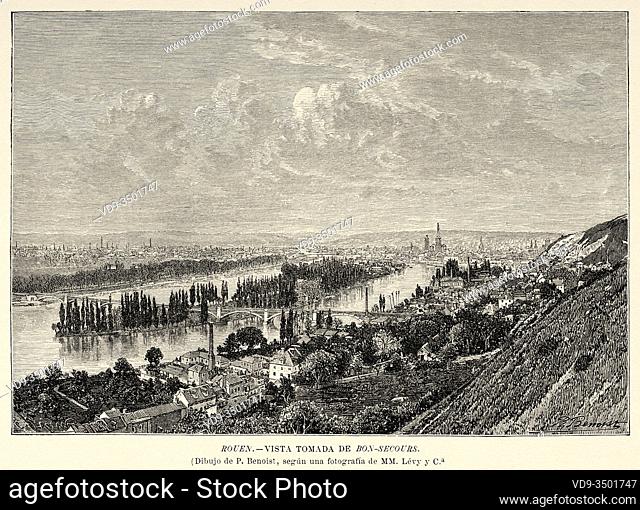 General panoramic view of Rouen and the River Seine, Normandy region, Seine-Maritime department. France Europe. Old 19th century engraved illustration image...